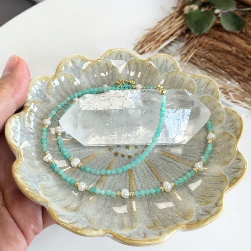 Fashion, accesorii si bijuterii - Femei - Bijuterii femei - Coliere femei - Colier Boho din pietre de Amazonit si Perle naturale, Bono, din cupru placat cu aur - Infinity.ro