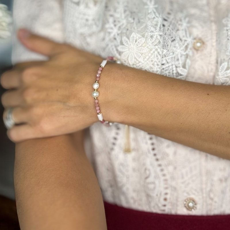 Fashion, accesorii si bijuterii - Femei - Bijuterii femei - Bratari femei - Bratara femei Rodonit si Perle Agrata, ajustabila, cupru placat cu aur - Infinity.ro