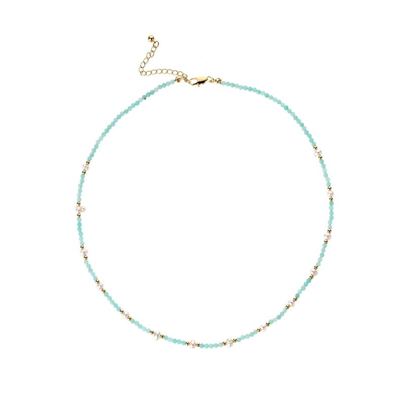 Fashion, accesorii si bijuterii - Femei - Bijuterii femei - Coliere femei - Colier Boho din pietre de Amazonit si Perle naturale, Bono, din cupru placat cu aur - Infinity.ro