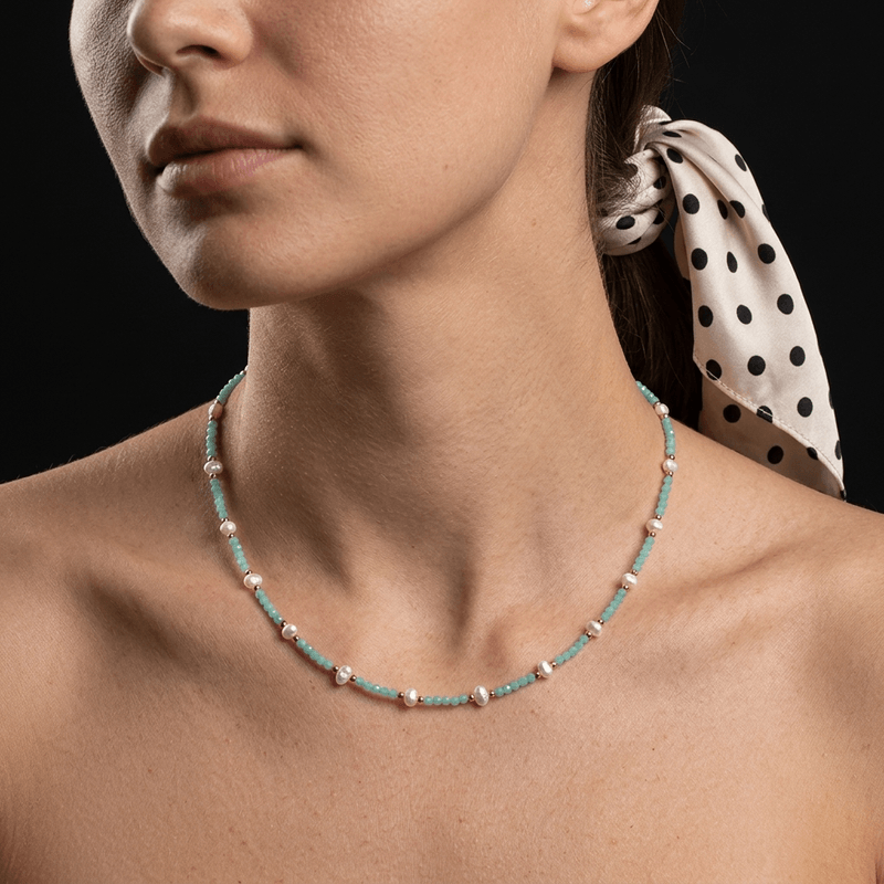 Fashion, accesorii si bijuterii - Femei - Bijuterii femei - Coliere femei - Colier Boho din pietre de Amazonit si Perle naturale, Bono, din cupru placat cu aur - Infinity.ro