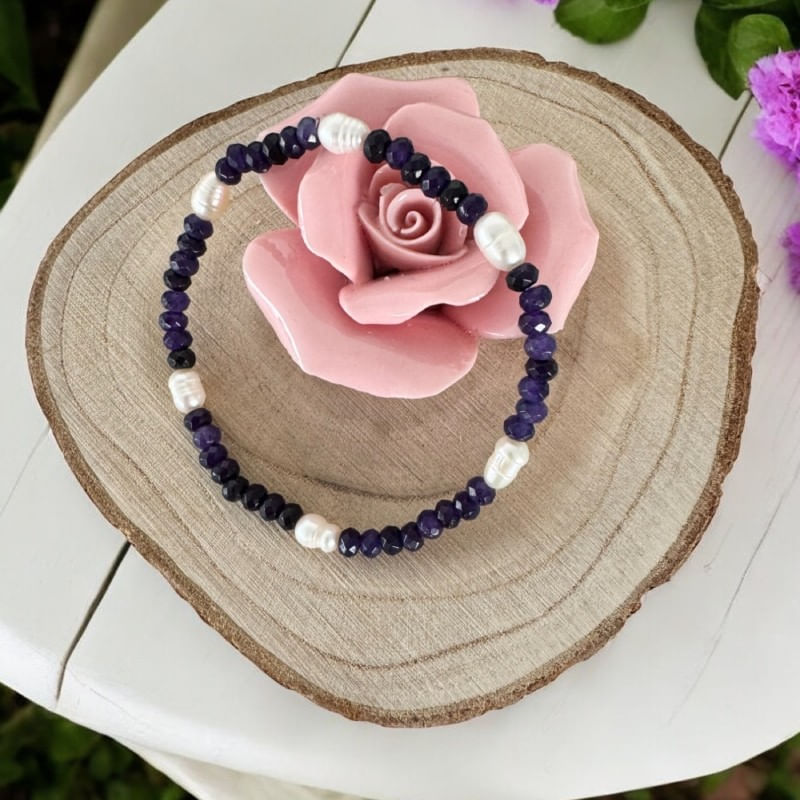 Fashion, accesorii si bijuterii - Femei - Bijuterii femei - Bratari femei - Bratara dama Nedia cu Jad Mov fatetat cu Perle Naturale - Infinity.ro