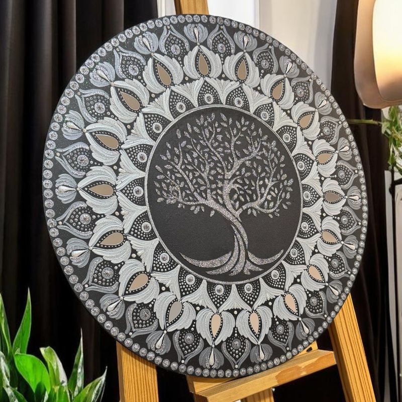 Casa si Gradina - Decoratiuni - Tablouri - O mandala sclipitoare- Copacul Vietii- Negru-Argintiu- 40 cm - Infinity.ro