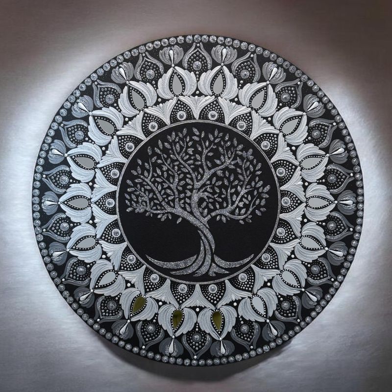 Casa si Gradina - Decoratiuni - Tablouri - O mandala sclipitoare- Copacul Vietii- Negru-Argintiu- 40 cm - Infinity.ro