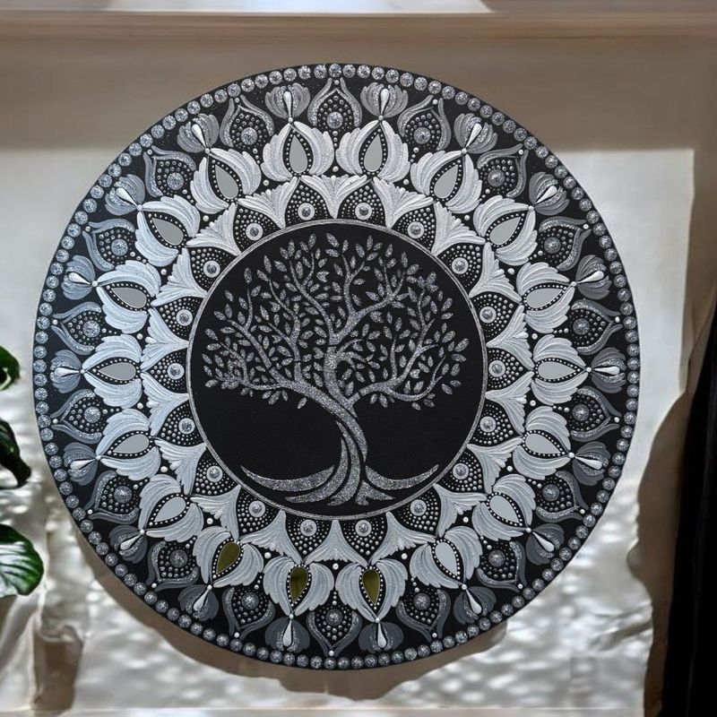 Casa si Gradina - Decoratiuni - Tablouri - O mandala sclipitoare- Copacul Vietii- Negru-Argintiu- 40 cm - Infinity.ro