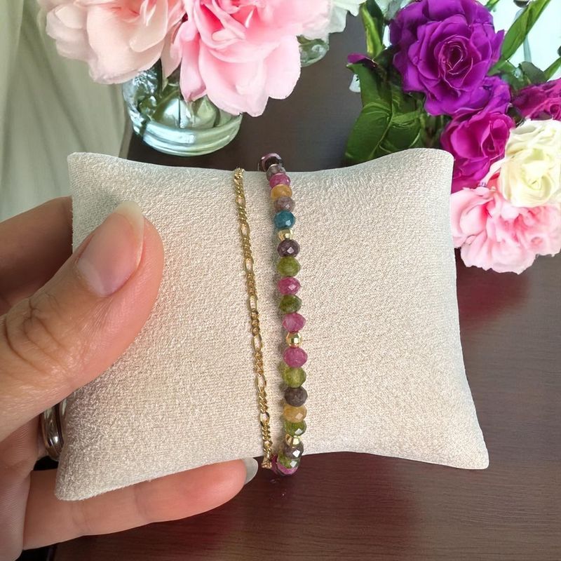 Fashion, accesorii si bijuterii - Femei - Bijuterii femei - Bratari femei - Bratara colorata din Turmalina multicolora cu lant din argint placat cu aur Aveline - Infinity.ro