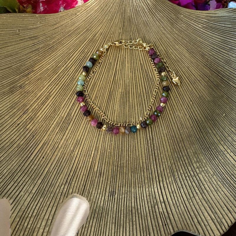 Fashion, accesorii si bijuterii - Femei - Bijuterii femei - Bratari femei - Bratara colorata din Turmalina multicolora cu lant din argint placat cu aur Aveline - Infinity.ro