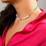 Fashion, accesorii si bijuterii - Femei - Bijuterii femei - Coliere femei - Colier Choker perle naturale Taya cu cristale de Turmalina roz, Topaz, Amazonit si Ametist din Argint 925 placat cu aur - Infinity.ro