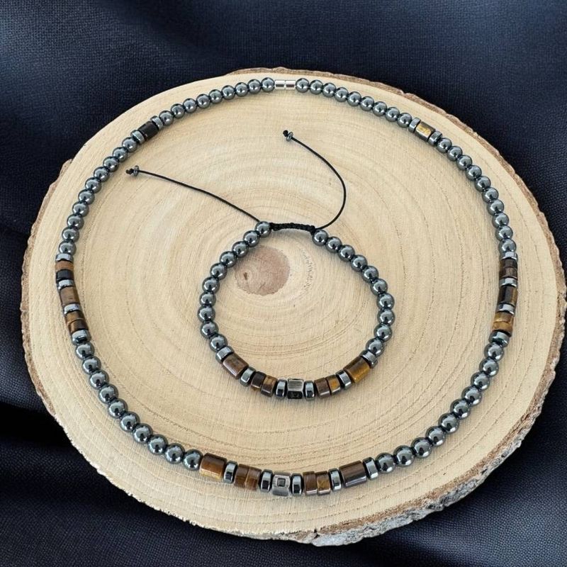 Fashion, accesorii si bijuterii - Barbati - Bijuterii barbati - Bratari barbati - Bratara barbati handmade Amos din Hematit si Ochi de Tigru, ajustabila cu snur - Infinity.ro