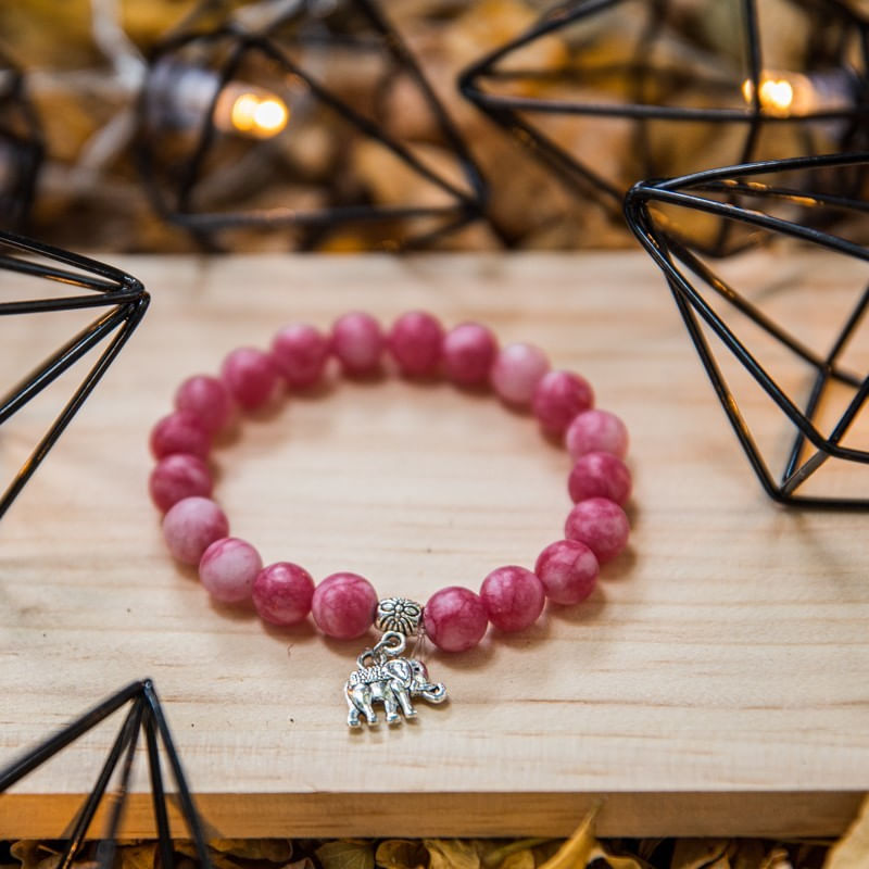 Fashion, accesorii si bijuterii - Femei - Bijuterii femei - Bratari femei - Bratara “Paloma” cu pietre semipretioase, Rodocrozit Roz si Charm Elefant, pentru femei, margele de 8mm - Infinity.ro
