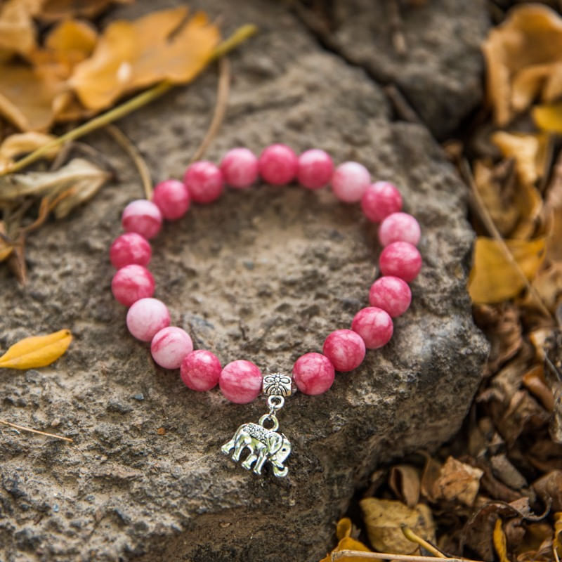 Fashion, accesorii si bijuterii - Femei - Bijuterii femei - Bratari femei - Bratara “Paloma” cu pietre semipretioase, Rodocrozit Roz si Charm Elefant, pentru femei, margele de 8mm - Infinity.ro