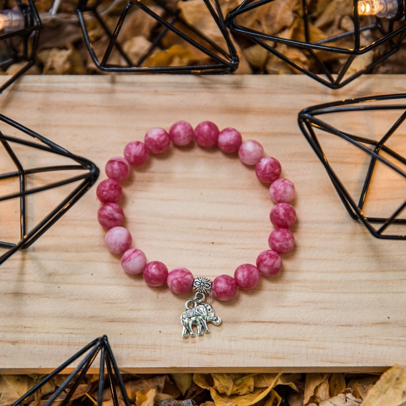Fashion, accesorii si bijuterii - Femei - Bijuterii femei - Bratari femei - Bratara “Paloma” cu pietre semipretioase, Rodocrozit Roz si Charm Elefant, pentru femei, margele de 8mm - Infinity.ro