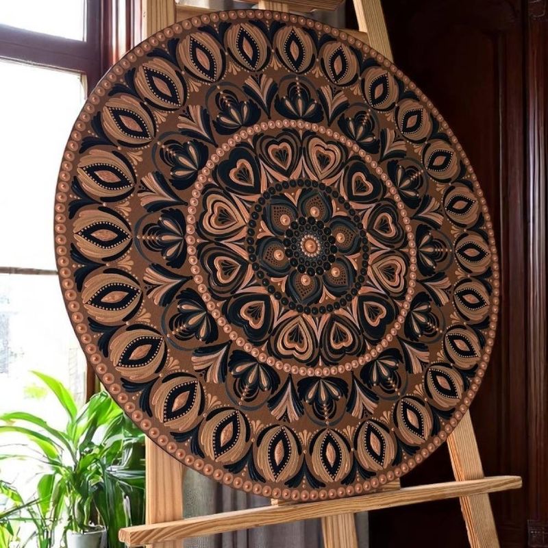 Casa si Gradina - Decoratiuni - Tablouri - Frumusetea imperfectiunii-Tablou mandala unicat pictat manual pe suport de lemn, 60 cm - Infinity.ro