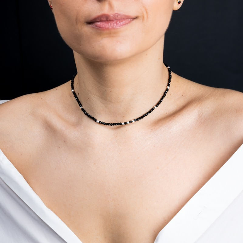 Fashion, accesorii si bijuterii - Femei - Bijuterii femei - Coliere femei - Colier choker Blake din pietre semipretioase de Spinel negre, cu accesorii si sistem de inchidere din argint 925 - Infinity.ro