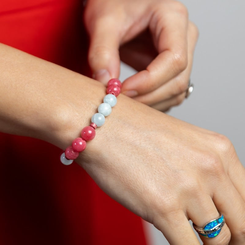 Fashion, accesorii si bijuterii - Femei - Bijuterii femei - Bratari femei - Bratara femei pietre semipretioase din Jad Rosu si Acvamarin, Noel, sfere de 8mm - Infinity.ro