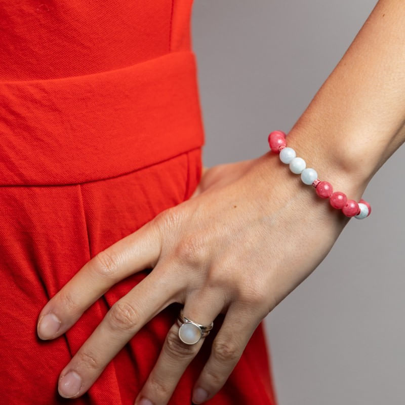 Fashion, accesorii si bijuterii - Femei - Bijuterii femei - Bratari femei - Bratara femei pietre semipretioase din Jad Rosu si Acvamarin, Noel, sfere de 8mm - Infinity.ro