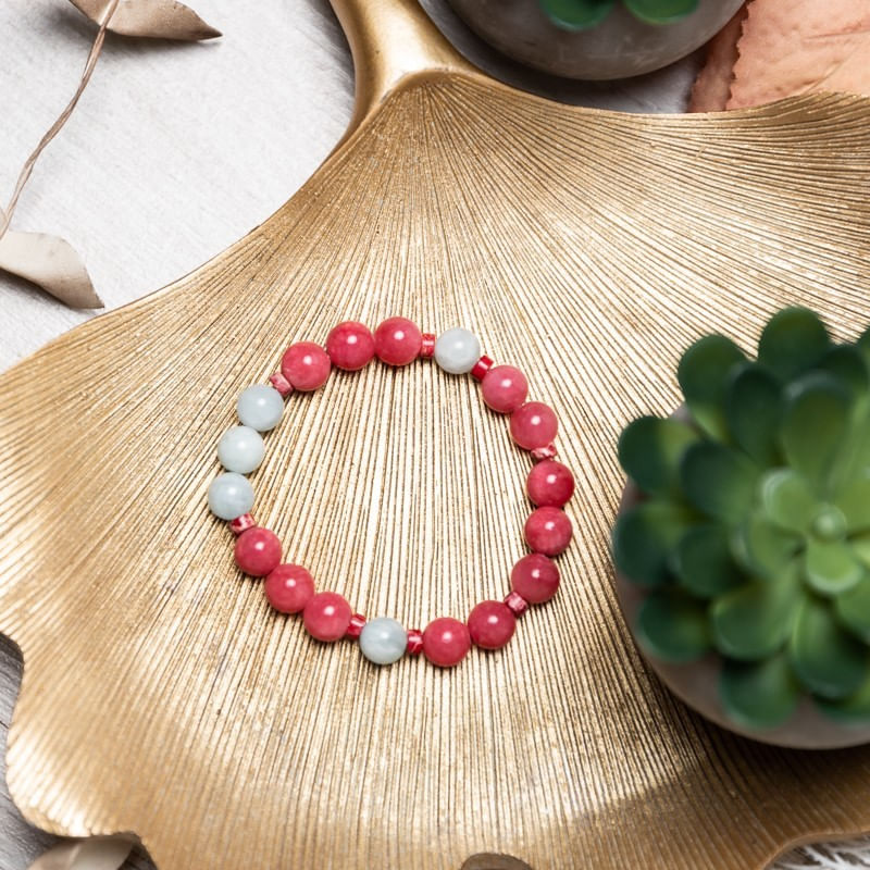 Fashion, accesorii si bijuterii - Femei - Bijuterii femei - Bratari femei - Bratara femei pietre semipretioase din Jad Rosu si Acvamarin, Noel, sfere de 8mm - Infinity.ro