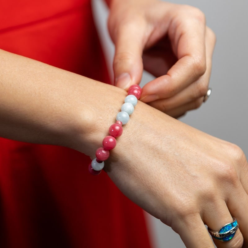 Fashion, accesorii si bijuterii - Femei - Bijuterii femei - Bratari femei - Bratara femei pietre semipretioase din Jad Rosu si Acvamarin, Noel, sfere de 8mm - Infinity.ro