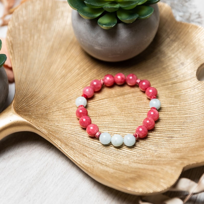 Fashion, accesorii si bijuterii - Femei - Bijuterii femei - Bratari femei - Bratara femei pietre semipretioase din Jad Rosu si Acvamarin, Noel, sfere de 8mm - Infinity.ro