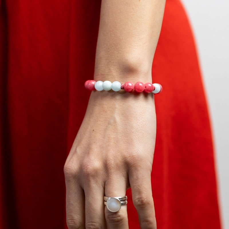 Fashion, accesorii si bijuterii - Femei - Bijuterii femei - Bratari femei - Bratara femei pietre semipretioase din Jad Rosu si Acvamarin, Noel, sfere de 8mm - Infinity.ro