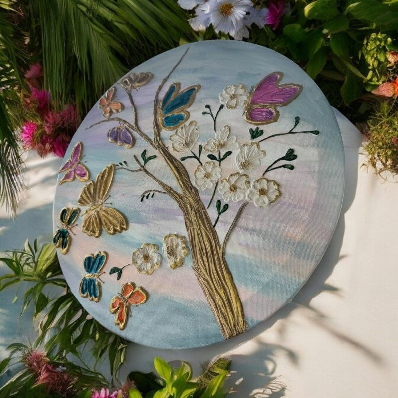 Casa si Gradina - Decoratiuni - Tablouri - Tablou unicat pictat manual 'Fluturi in Copacul Inflorit', pe canvas- 40 cm - Infinity.ro