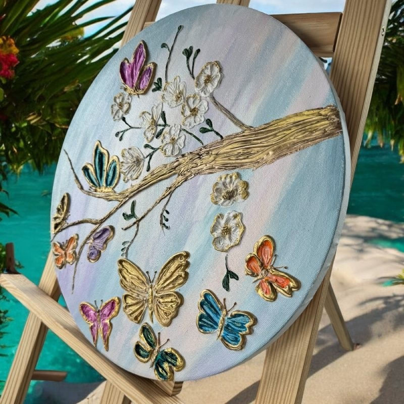 Casa si Gradina - Decoratiuni - Tablouri - Tablou unicat pictat manual 'Fluturi in Copacul Inflorit', pe canvas- 40 cm - Infinity.ro