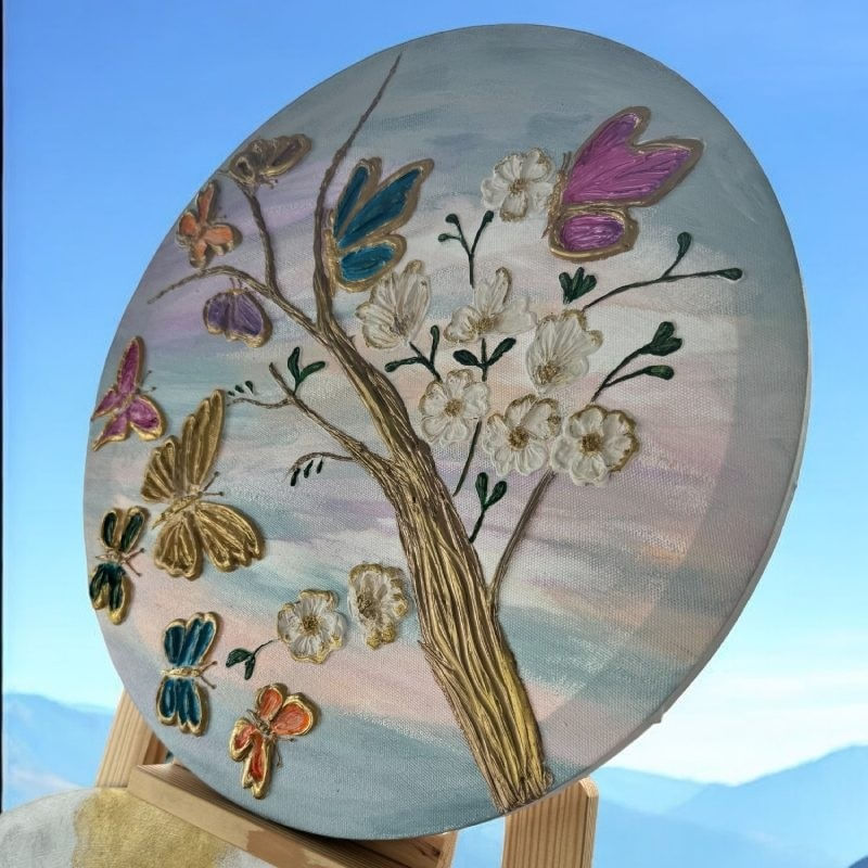 Casa si Gradina - Decoratiuni - Tablouri - Tablou unicat pictat manual 'Fluturi in Copacul Inflorit', pe canvas- 40 cm - Infinity.ro
