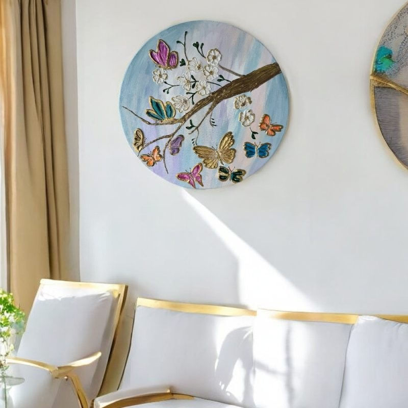 Casa si Gradina - Decoratiuni - Tablouri - Tablou unicat pictat manual 'Fluturi in Copacul Inflorit', pe canvas- 40 cm - Infinity.ro