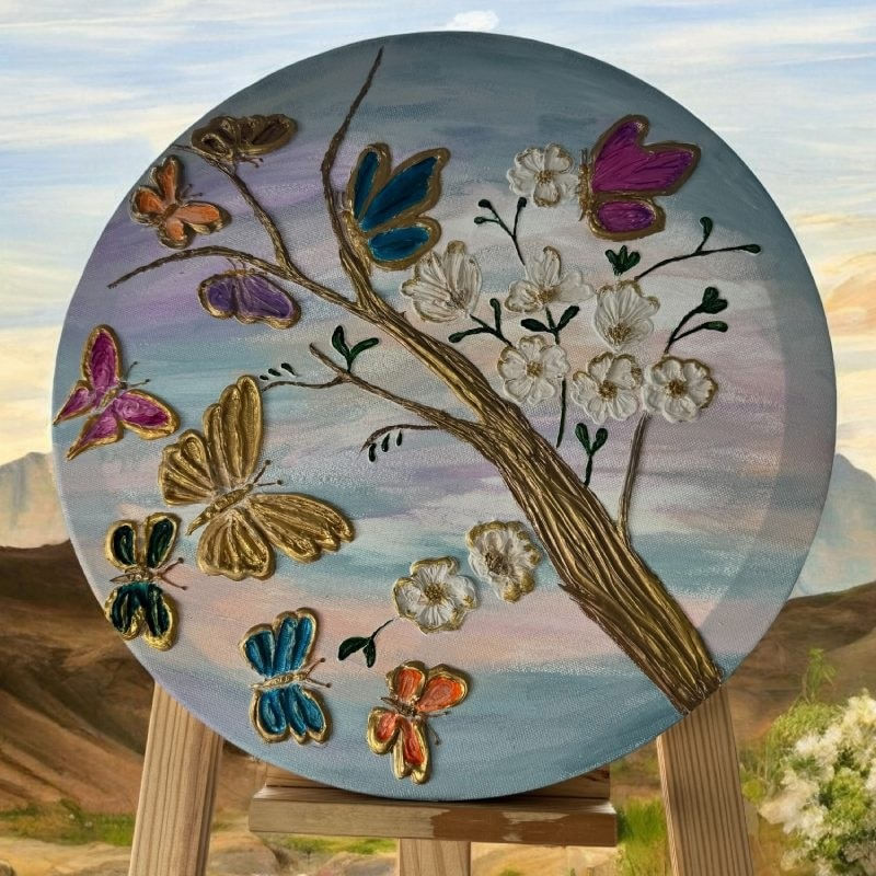 Casa si Gradina - Decoratiuni - Tablouri - Tablou unicat pictat manual 'Fluturi in Copacul Inflorit', pe canvas- 40 cm - Infinity.ro