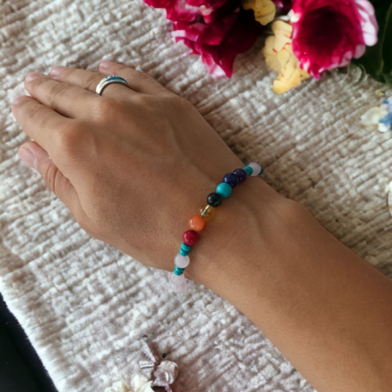 Fashion, accesorii si bijuterii - Femei - Bijuterii femei - Bratari femei - Bratara 7 Chakre Olea cu snur din cristale naturale Cuart Roz de Madagascar 6mm - Infinity.ro
