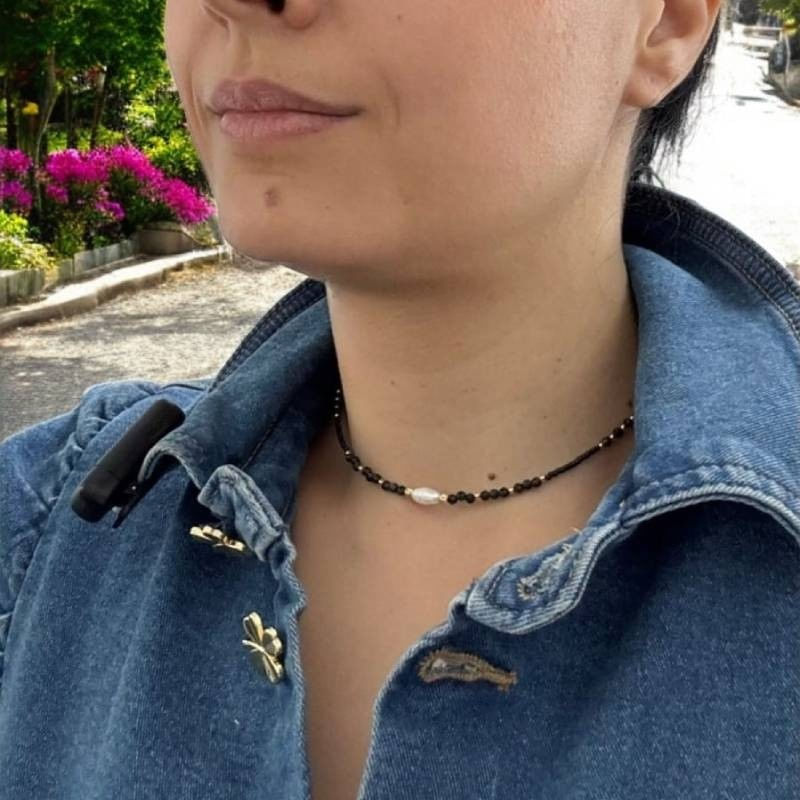 Fashion, accesorii si bijuterii - Femei - Bijuterii femei - Coliere femei - Colier choker handmade Elina din miyuki negru cu Obsidian si argint placat cu aur 925 - Infinity.ro