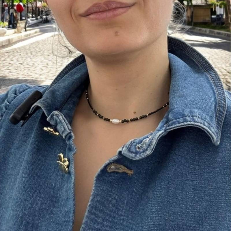 Fashion, accesorii si bijuterii - Femei - Bijuterii femei - Coliere femei - Colier choker handmade Elina din miyuki negru cu Obsidian si argint placat cu aur 925 - Infinity.ro