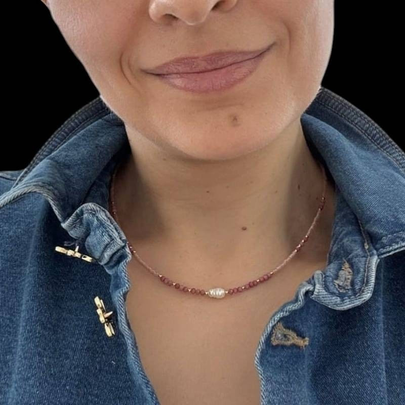 Fashion, accesorii si bijuterii - Femei - Bijuterii femei - Coliere femei - Colier choker handmade Elina din miyuki somon cu Rodocrozit si argint placat cu aur 925 - Infinity.ro