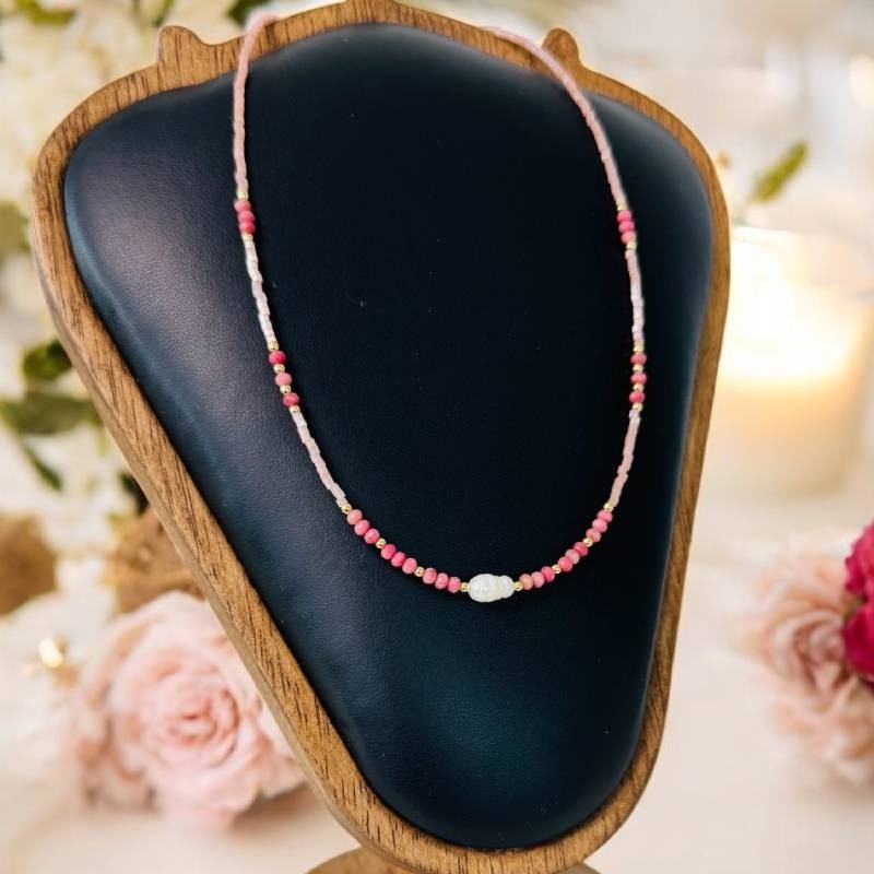 Fashion, accesorii si bijuterii - Femei - Bijuterii femei - Coliere femei - Colier choker handmade Elina din miyuki somon cu Rodocrozit si argint placat cu aur 925 - Infinity.ro