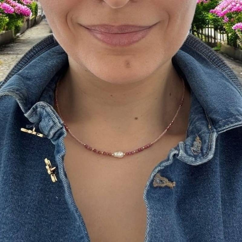 Fashion, accesorii si bijuterii - Femei - Bijuterii femei - Coliere femei - Colier choker handmade Elina din miyuki somon cu Rodocrozit si argint placat cu aur 925 - Infinity.ro