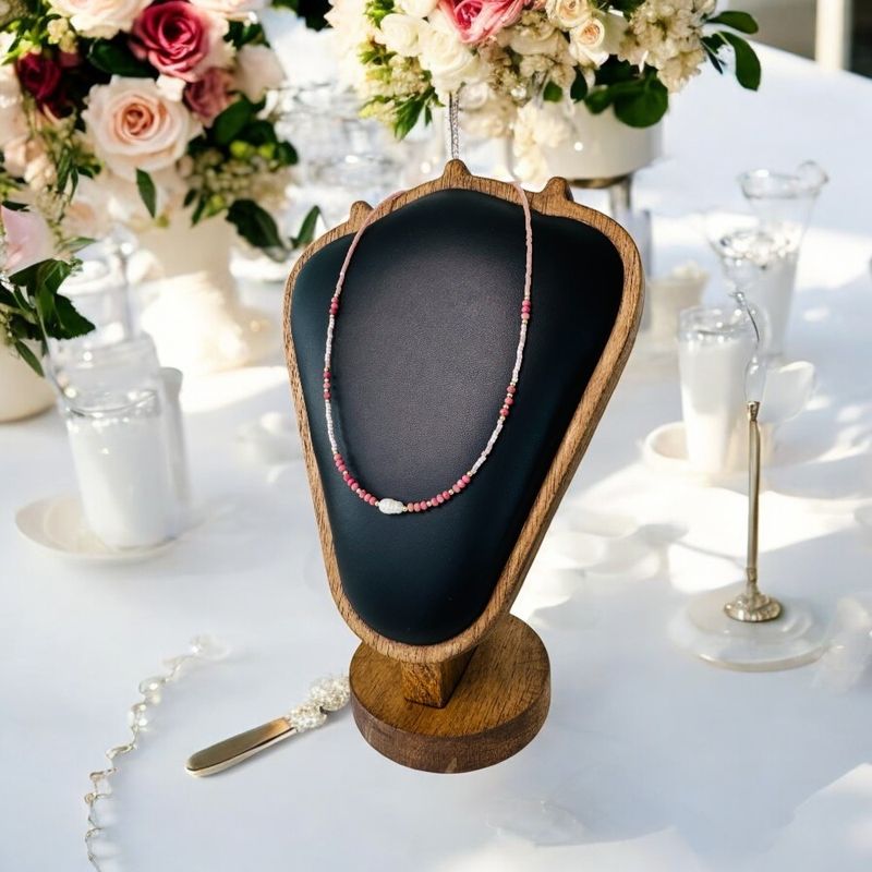 Fashion, accesorii si bijuterii - Femei - Bijuterii femei - Coliere femei - Colier choker handmade Elina din miyuki somon cu Rodocrozit si argint placat cu aur 925 - Infinity.ro