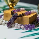 Fashion, accesorii si bijuterii - Femei - Bijuterii femei - Coliere femei - Tanay, Colier Mala 108 cu varf dublu de Ametist si margele de Kunzit, Smoky Quartz si Cuart transparent - Infinity.ro