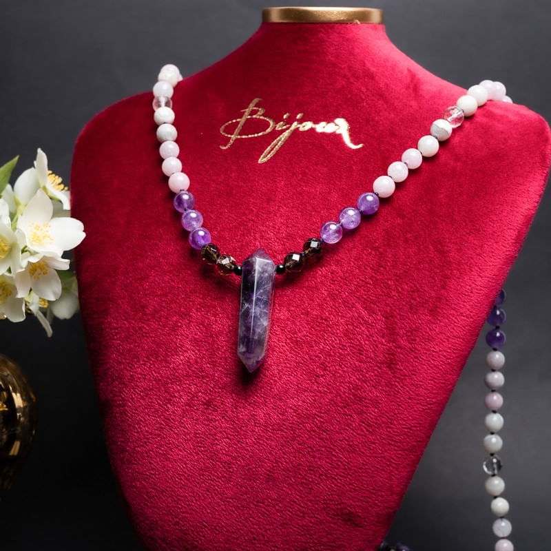 Fashion, accesorii si bijuterii - Femei - Bijuterii femei - Coliere femei - Tanay, Colier Mala 108 cu varf dublu de Ametist si margele de Kunzit, Smoky Quartz si Cuart transparent - Infinity.ro