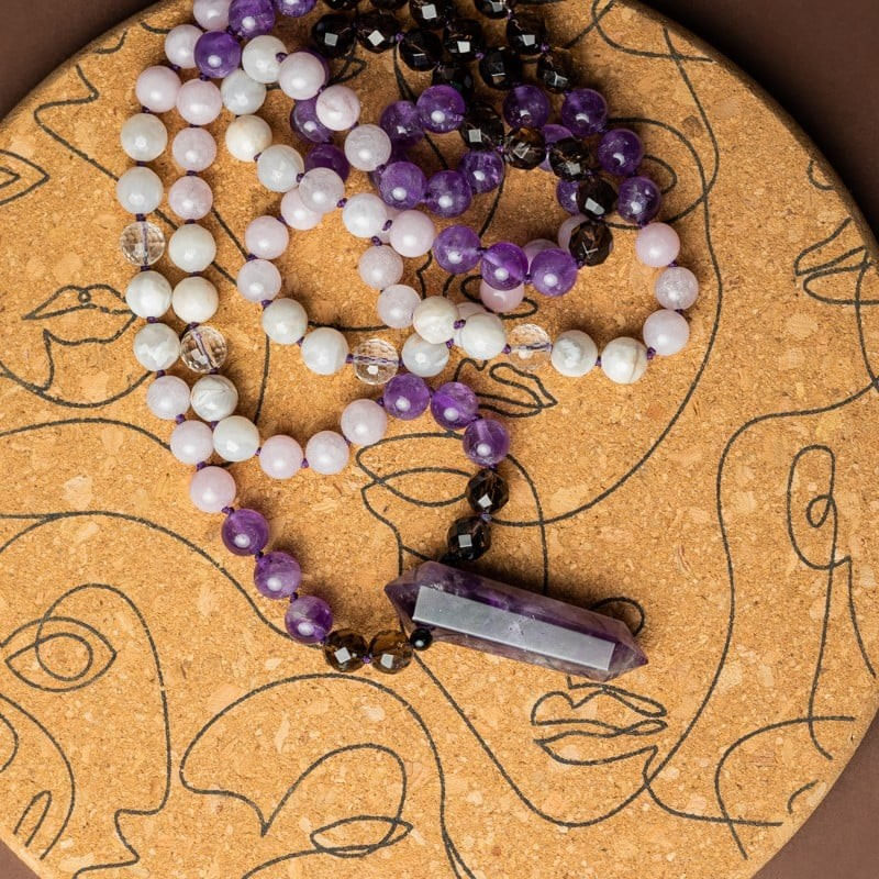 Fashion, accesorii si bijuterii - Femei - Bijuterii femei - Coliere femei - Tanay, Colier Mala 108 cu varf dublu de Ametist si margele de Kunzit, Smoky Quartz si Cuart transparent - Infinity.ro