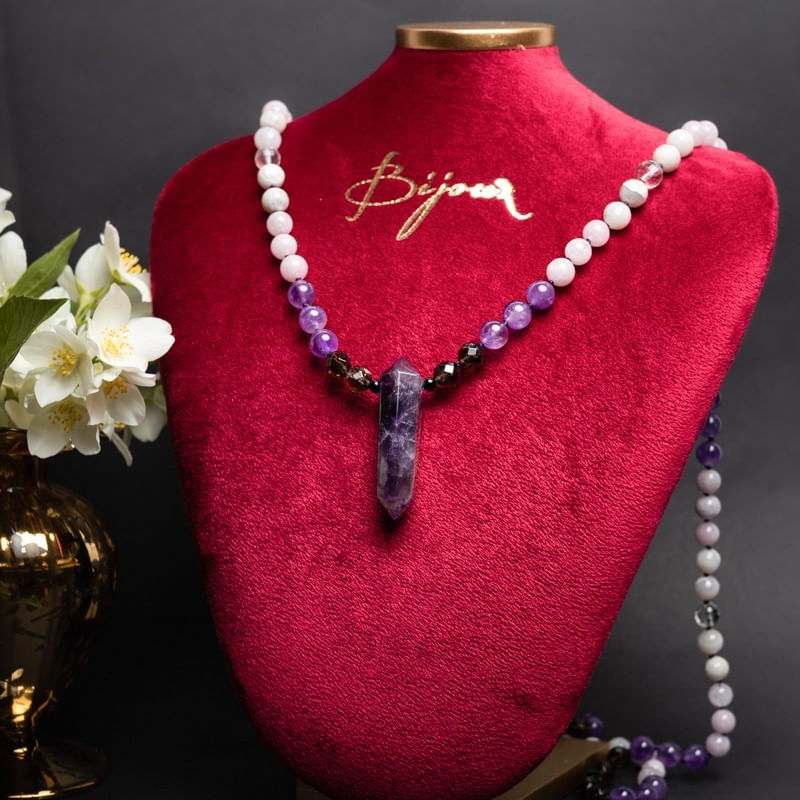 Fashion, accesorii si bijuterii - Femei - Bijuterii femei - Coliere femei - Tanay, Colier Mala 108 cu varf dublu de Ametist si margele de Kunzit, Smoky Quartz si Cuart transparent - Infinity.ro