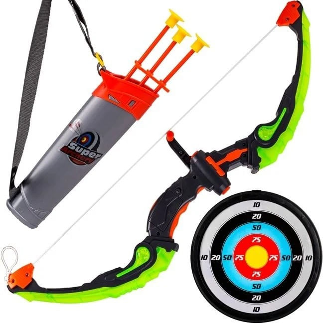 Set arc 60cm si Darts, include tolba cu pozitii pentru sageti su 3 sageti, diametru 25cm, multicolor