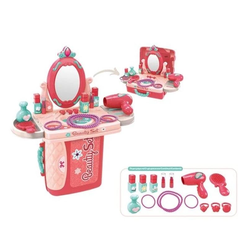 Jucarii, Copii si Bebe - Jucarii si jocuri - Jucarii de rol - Frumusete, bijuterii si accesorii fetite - Valiza cutie de bijuterii cu oglinda si accesorii, include 14 piese, 26x10x20cm, roz-verde - Infinity.ro