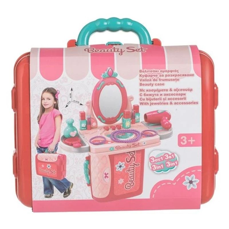 Jucarii, Copii si Bebe - Jucarii si jocuri - Jucarii de rol - Frumusete, bijuterii si accesorii fetite - Valiza cutie de bijuterii cu oglinda si accesorii, include 14 piese, 26x10x20cm, roz-verde - Infinity.ro