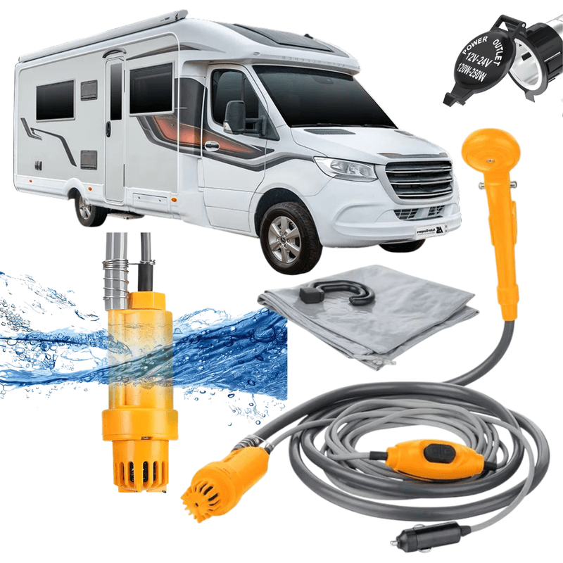 Sport si Outdoor - Camping - Accesorii camping si drumetii - Dus Portabil Pentru Camping, Presiune Placuta, Suport Pentru orice suprafata, Compact, Alimentare 12V de 5 m - Infinity.ro