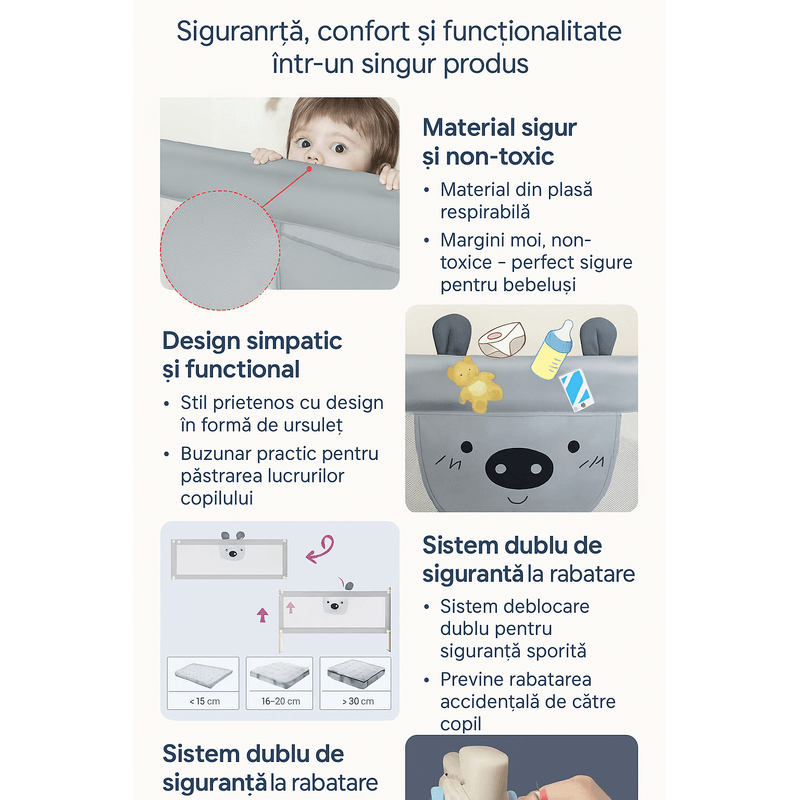 Casa si Gradina - Mobilier - Mobilier copii - Sisteme de siguranta - Bariera protectie pat HappiKID culisanta XXL 140 cm Baby Bear, inaltime reglabila 68-98 cm - Infinity.ro