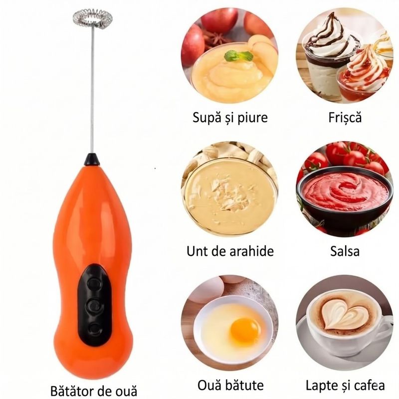 Electronice si Electrocasnice - Electrocasnice bucatarie - Preparare bauturi - Accesorii si consumabile aparate preparare bauturi - Spumant de lapte si cafea MADGENIX, Tel electric cu baterii, Mini mixer de mana din inox, 22x4.5 cm, Portocaliu - Infinity.ro
