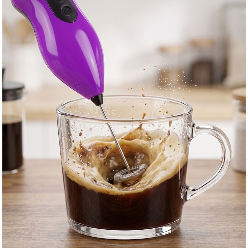 Electronice si Electrocasnice - Electrocasnice bucatarie - Preparare bauturi - Accesorii si consumabile aparate preparare bauturi - Spumant de lapte si cafea MADGENIX, Tel electric cu baterii, Mini mixer de mana din inox, 22x4.5 cm, Mov - Infinity.ro