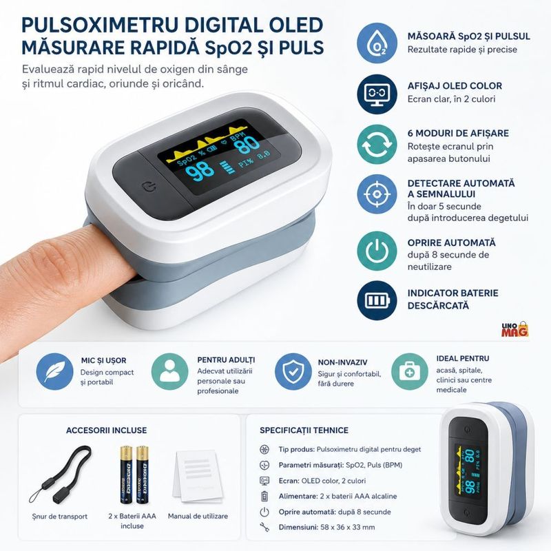Ingrijire personala si Cosmetice - Sanatate si wellness - Aparate medicale - Pulsoximetre - Pulsoximetru Digital Linomag® pentru Deget, Ecran OLED, Masurare SpO2 si Puls, Oprire Automata, Alb/Gri - Infinity.ro