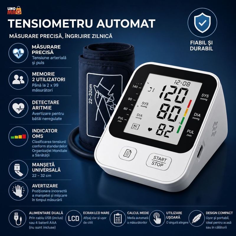 Ingrijire personala si Cosmetice - Sanatate si wellness - Aparate medicale - Tensiometre - Tensiometru de Brat Automat Linomag®, LCD, 2 Utilizatori, Memorie 2x99, USB-C, Detectare Puls, Alb - Infinity.ro