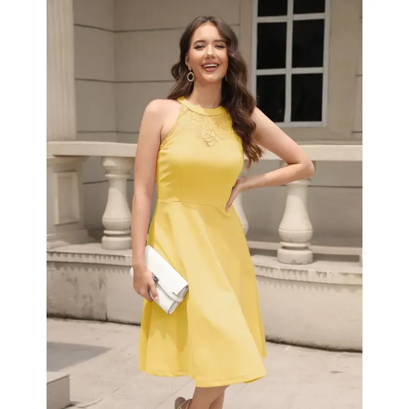 Fashion, accesorii si bijuterii - Femei - Imbracaminte femei - Rochii femei - Rochie eleganta, deasupra la genunchi, fara maneci, mulata, Galbena XL - Infinity.ro