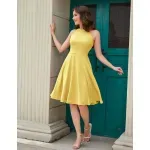 Fashion, accesorii si bijuterii - Femei - Imbracaminte femei - Rochii femei - Rochie eleganta, deasupra la genunchi, fara maneci, mulata, Galbena XL - Infinity.ro